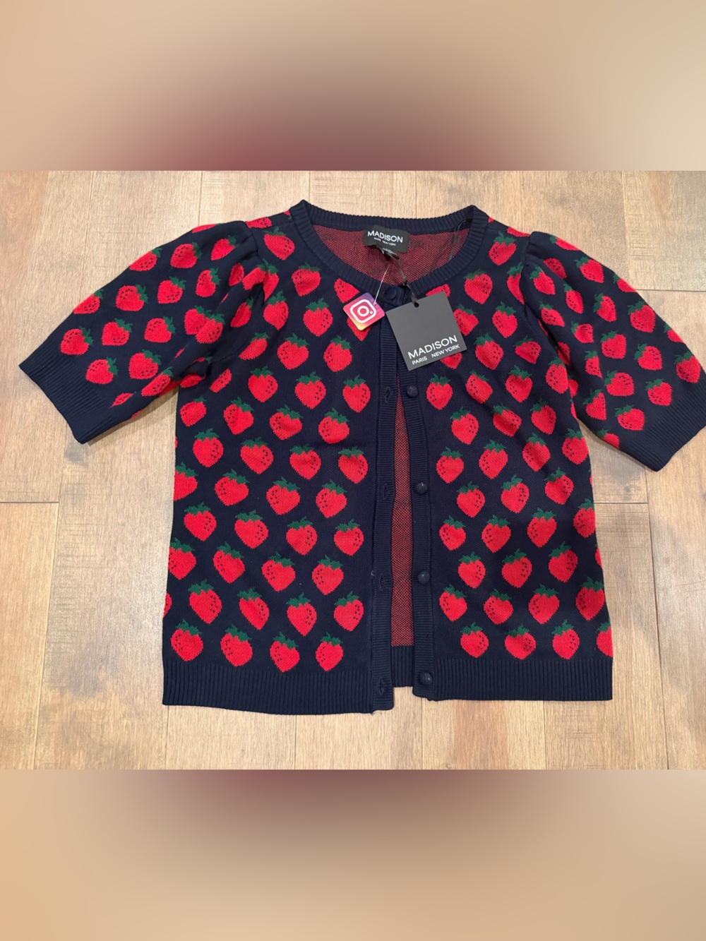 Madison Navy Short-Sleeve Cardigan with Red Strawberry Motif - XL